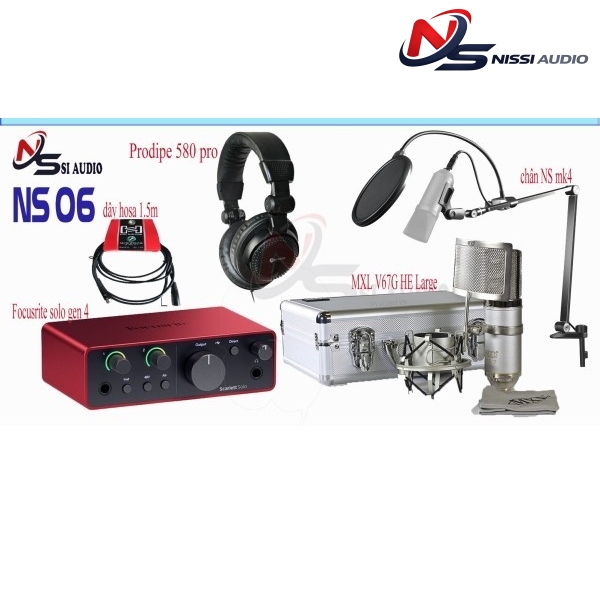 Combo Thu Âm Focusrite Solo Gen 4 + Mxl V67g He Large + Hosa 1m5 + Headphone Prodipe 580 Pro + Chân Ns MK4