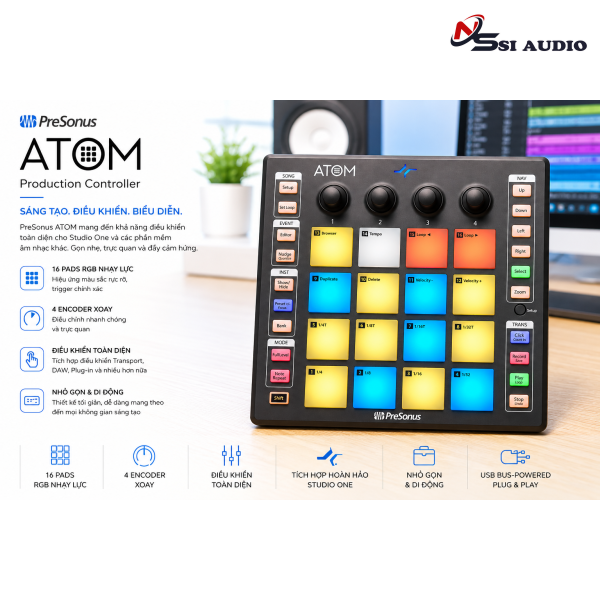 PreSonus ATOM: Pad Controller MIDI 16 Phím RGB Chuyên Nghiệp