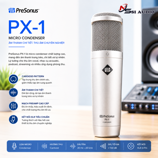 PreSonus PX-1: Micro Condenser Màng Thu Lớn – Giải Pháp Thu Âm Vocal Phòng Thu Chuyên Nghiệp
